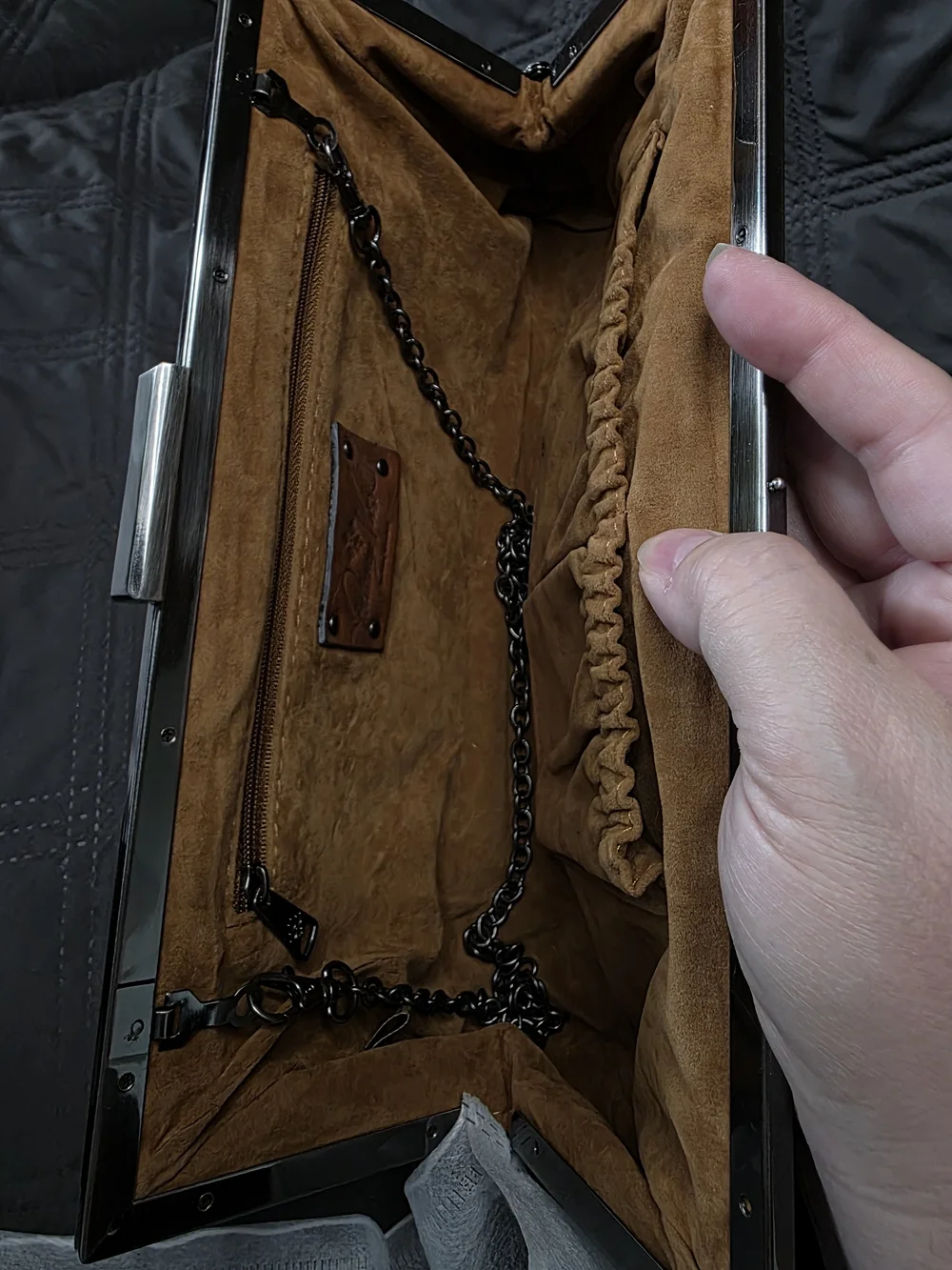 Stunning Patricia Nash Black Tooled Leather Laser Cut Frame Clutch Chain Bag